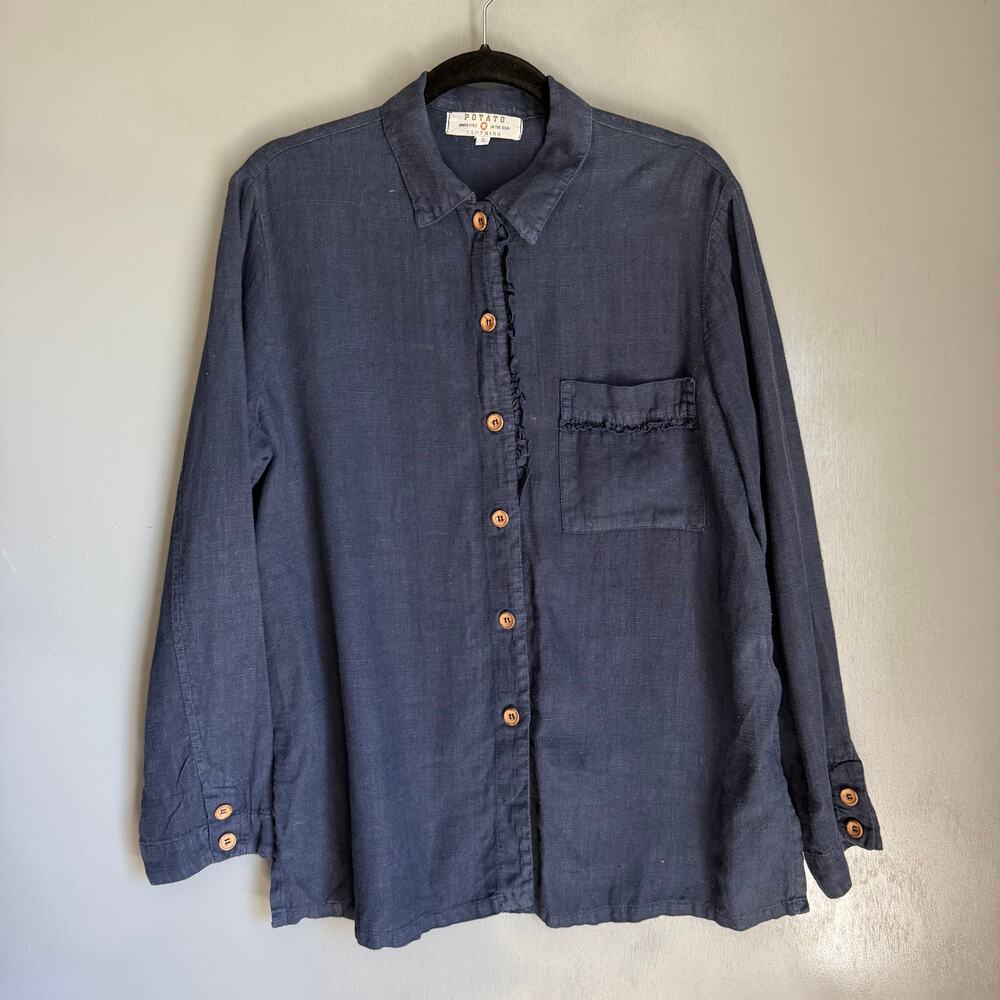 Vintage POTATO Harvested in USA Women's Small Blue 100% Linen Blouse Retro Boho